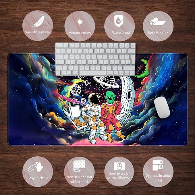 Funny Space Mouse Pad Desk Mat Astronaut Alien Large Gaming Mouse Pads Anime Desk Pad Mousepad XXL Cool Trippy Universe Extended Keyboard Mat with Stitched Edges Anti-Slip, 31.5 X 15.8 in