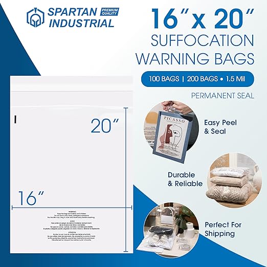Spartan Industrial - 16" X 20" (100 Count) Self-Seal Clear Poly Bags With Suffocation Warning for Packaging, Blankets, Clothing - Permanent Adhesive