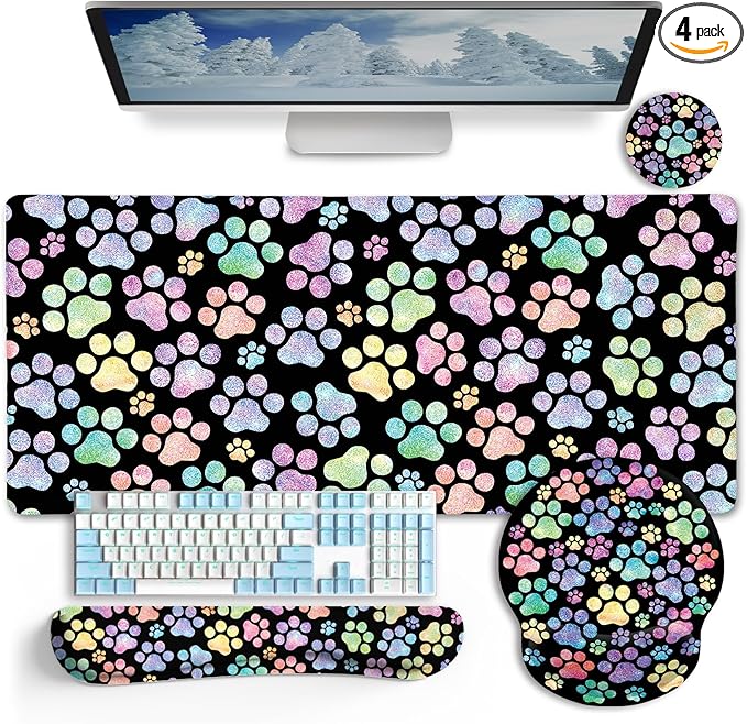 Dog Paw Mouse Pad Set XXL Large Desk Mat Pad, Cute Ergonomic Mouse Pad with Wrist Support Wrist Rest for Computer Keyboard, Cup Coaster Cute Cat Paw Office Supplies Desk Decor Accessories
