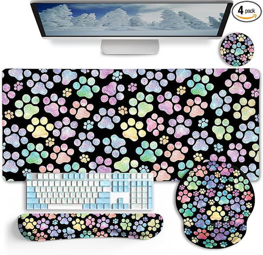 Dog Paw Mouse Pad Set XXL Large Desk Mat Pad, Cute Ergonomic Mouse Pad with Wrist Support Wrist Rest for Computer Keyboard, Cup Coaster Cute Cat Paw Office Supplies Desk Decor Accessories