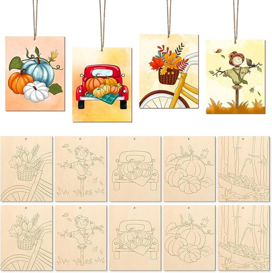 COCHIE 10PCS Large Fall Unfinished Wood Crafts to Paint for Adults Kids, Bulk Predrilled Wooden Ornaments for Painting, Pumpkin Scarecrow Maple Leaf Paintable Wood Slices Craft Supplies with Ropes