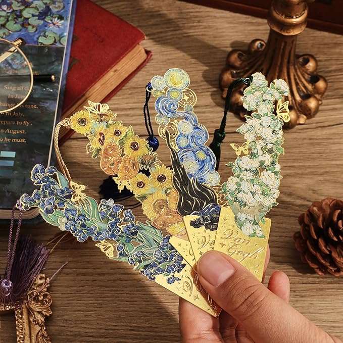 4 Pieces Metal Bookmarks with Tassel, Golden Hollow Bookmark Monet Oil Painting Theme Book Mark Bookmarks for Book Lovers Writers Readers Children Teens for Women Adults Teen