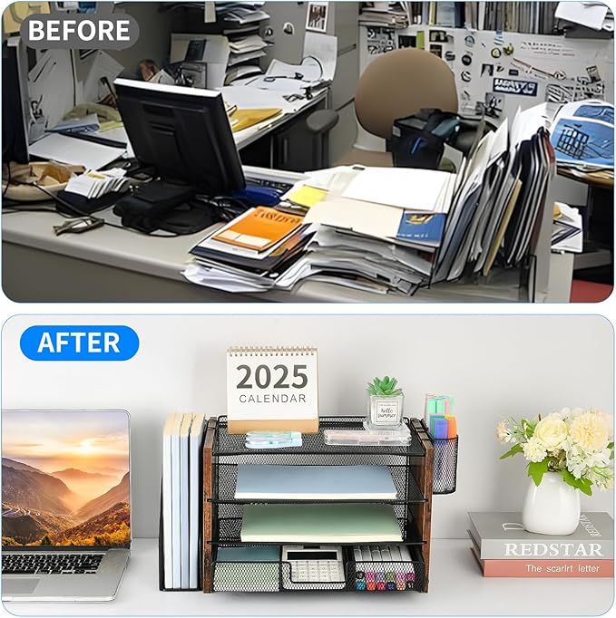 Desk Organizer and Accessories, 4-Tier Desktop File Organizer with Drawer and 2 Pen Holders, Office Desk Accessories for Office Supplies(Wood)