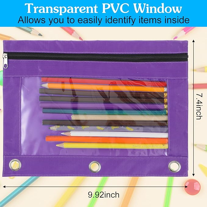 24 Pack Pencil Pouch for 3-Rings Binder, 3-Holes Zipper Pencil Pouches in Assorted Colors, Sturdy and Resuable Cloth Holder with Clear Window for Office Supplies