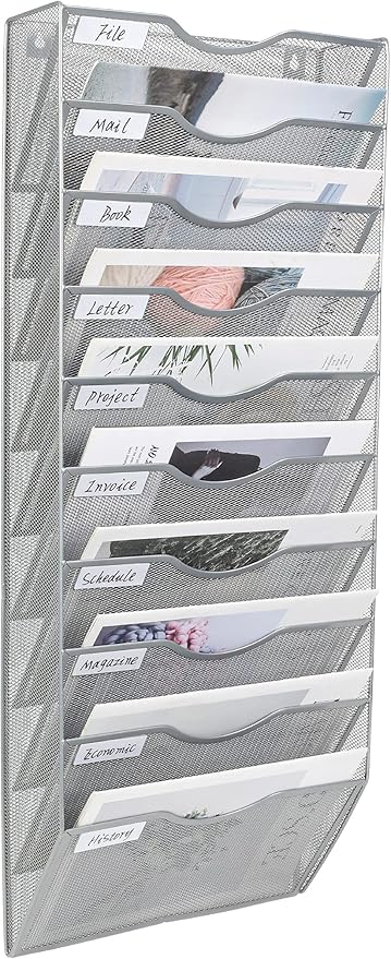 PAG Hanging Wall File Holder Organizer Mail Sorter Literature Rack for Office, 10 Pockets, Silver