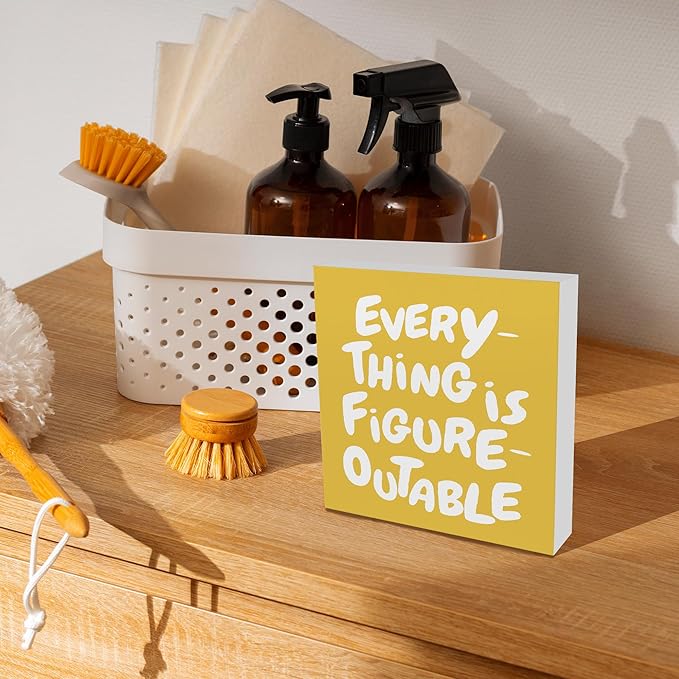 Inspirational Yellow Office Decor, Every Thing is Figure Outable Motivational Office Accessories Wooden Box Sign, Inspirational Gifts for Women, Men Wall Desk Shelf Tabletop Decoration
