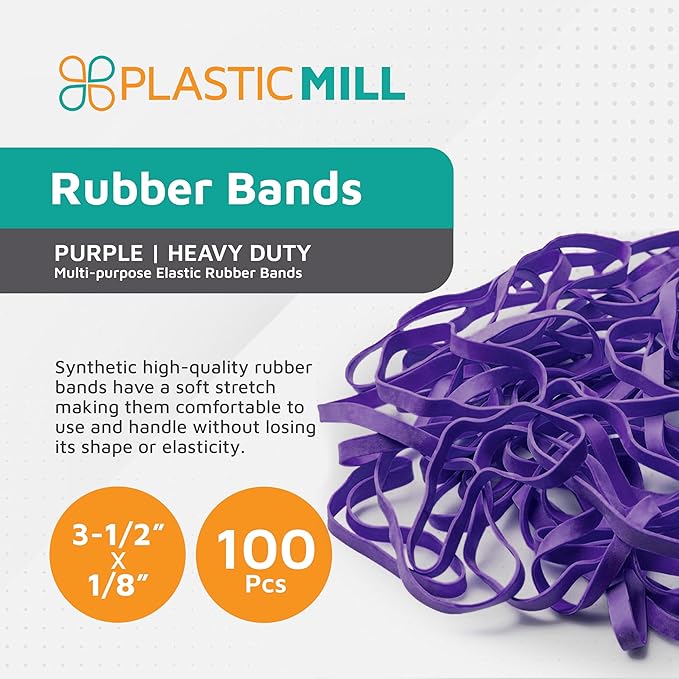 PlasticMill Purple Rubber Bands Size 33 (3 1/2" x 1/8") - #33 Colored Rubber Bands Office Supplies - Strong, Elastic Bands for Crafts, Balloon Garland, Cash, File Folders (100-Pack)