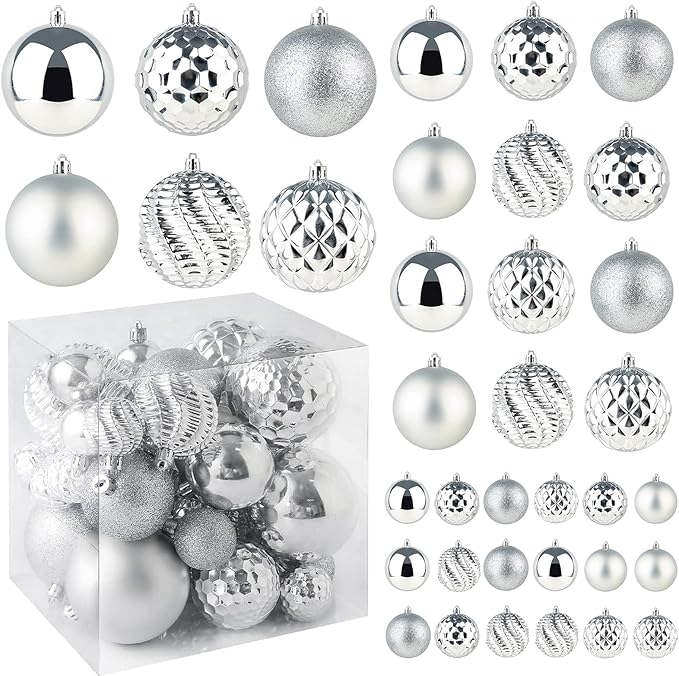 Christmas Balls Ornaments -36pcs Shatterproof Christmas Tree Decorations with Hanging Loop for Xmas Tree Wedding Holiday Party Home Decor,6 Styles in 3 Sizes(Silver)