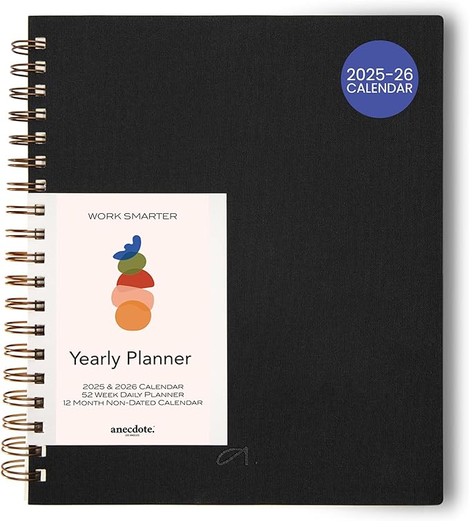 Anecdote Planner 2025 (8.5" x 10") Spiral Notebook - 2025 Daily Planner Weekly and Monthly - Features a Library Buckram Cover, Brass and A4 Size Bleed-Resistant Paper - Organize All 52 Weeks. Start Anytime – Black