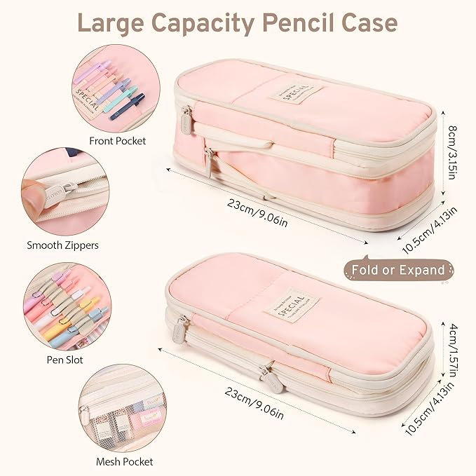 DazSirit 62 PCS Aesthetic School Supplies with Foldable Pencil Case, 12 Pastel Highlighters, 4 Erasable Pens, 5 Gel Pens, 6 Mechanical Pencils, Sticky Notes, Complete Stationery Kit for Teens, Pink