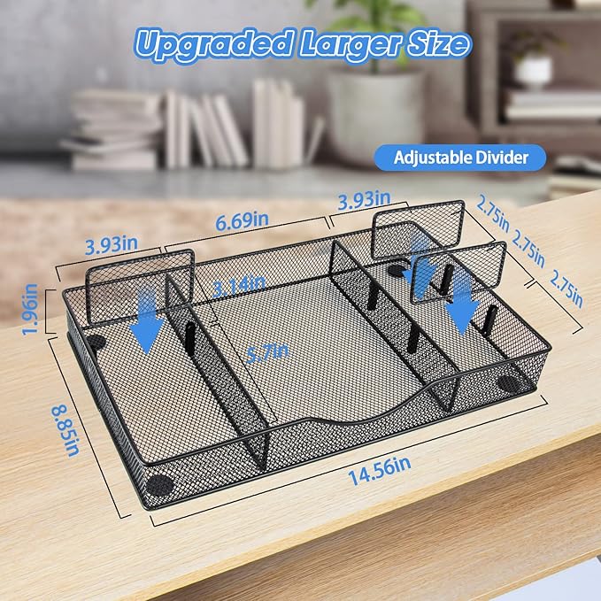 Desk Drawer Organizer, Metal Mesh Drawer Organizer Tray with 6 Adjustable Compartment, Tray Organizer for Desktop, Kitchen, Bathroom, Makeup, Vanity - 14.5x8.8x1.96 inch, Black, 1PC Large
