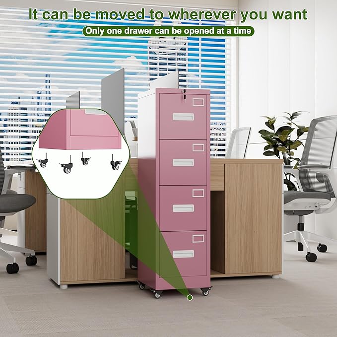 Aobabo File Cabinet 4 Drawer with Wheels, Lockable Office Metal Filing Cabinet with Name Card for Office and Home,Assembly Required,Pink