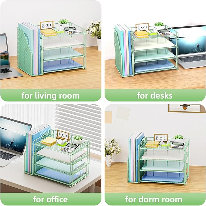 Marbrasse Desk Organizer and Accessories，4-Tier Paper Letter Tray Organizer with File Holder，Desk Accessories & Workspace Desktop Organizers for School Home Office Supplies (Green)
