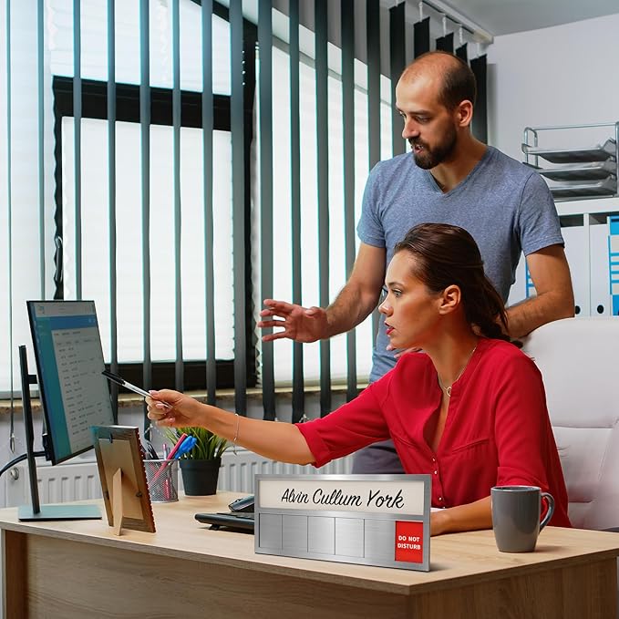 Name Plate for Desk& Office Door Sign, 6 Options Do Not Disturb, In A Meeting, Out of Office, Working Remotely, Please Knock, Stick or Stand with Desk Name Plate, Black no icon