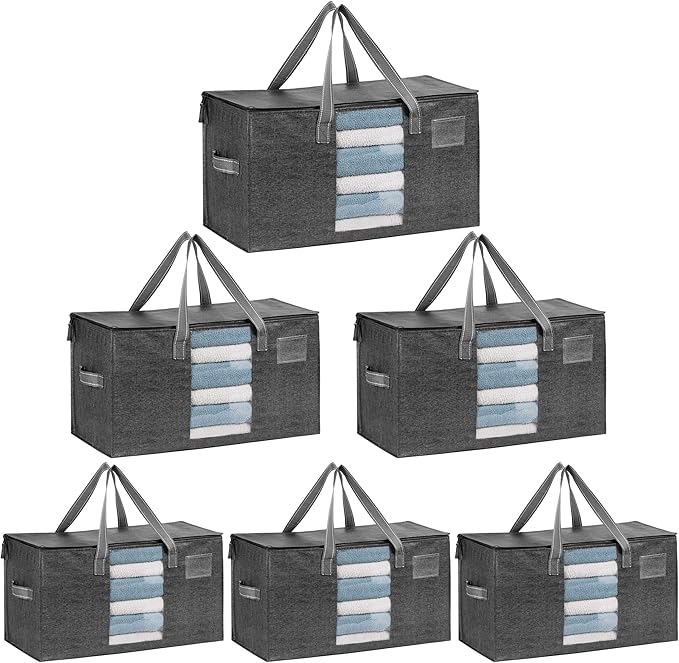 VENO 6 Pack Moving Bags, Comforter and Blanket Storage Bags for Closet, Moving Boxes, Boxes with Lids Alternative, College Dorm Packing Supplies, Foldable Heavy-Duty Tote with Window (Gray, 6 Pack)
