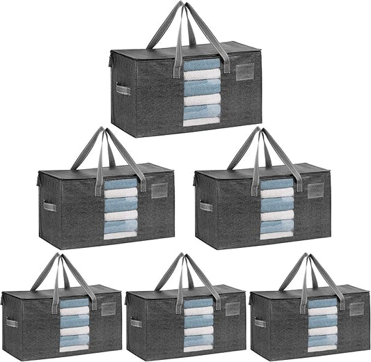 VENO 6 Pack Moving Bags, Comforter and Blanket Storage Bags for Closet, Moving Boxes, Boxes with Lids Alternative, College Dorm Packing Supplies, Foldable Heavy-Duty Tote with Window (Gray, 6 Pack)