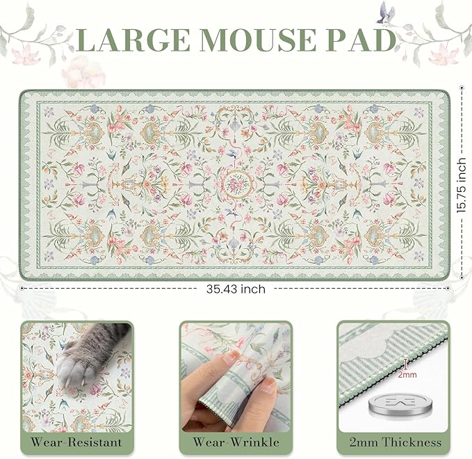 iCasso Desk Cover Mat Green,Extra Large Mouse Pad for Desktop,Anti-Slip Keyboard Pad with Stitched Edges,Cute Floral Computer Mat for Women,Aesthetic Desk Protector for Office Home Dorm