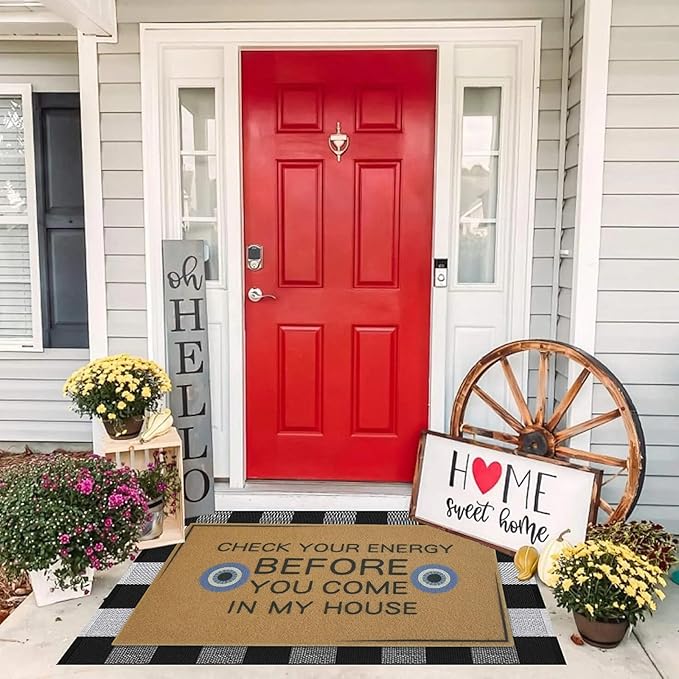2 Pcs Check Your Energy Door Mat 30 x 17 Inch Evil Eye Door Mat Funny Welcome Coir Doormats for Front Doors Nonslip 2-in-1 Buffalo Plaid Rug for Outside Entrance Porch Rubber Backing Home Decor