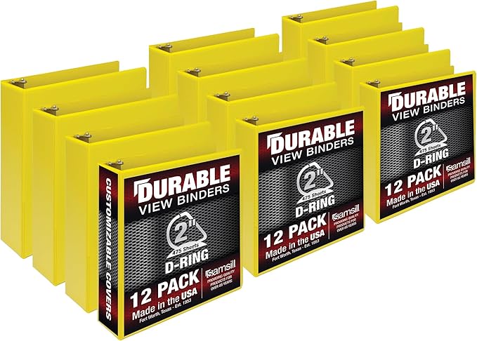 Samsill Durable 2 inch 3 Ring Binder, Made in USA, D Ring Binder, FSC 100% Recycled Chipboard, Yellow, 12 Pack