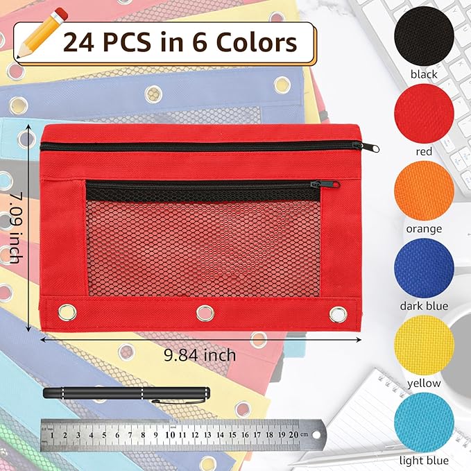 SHUESS 24 Pack Pencil Pouch for 3 Ring Binder, Bulk 3 Holes Zipper Pencil Pouches in 6 Assorted Colors, Durable Binder Pencil Pouch/Bag for Office Supplies