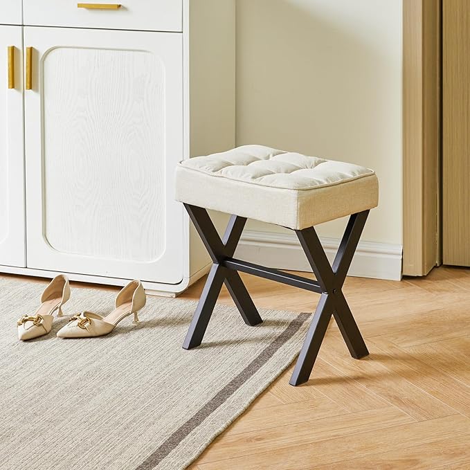 IBUYKE Square Makeup Stool with X-Leg Foot Rest, Linen Footrest, Ottoman Seat, Multi-Use as Small Side Table, for Bedroom, Living Room, Linen LG-70Y
