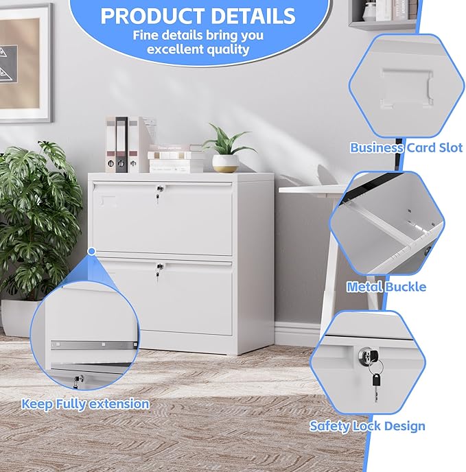Aobabo 2 Drawer Lateral File Cabinet, Lockable Metal Filing Cabinet with Name Card, Suitable for Home Office School Hanging Files Letter/Legal/F4/A4 Size,Required-Assembly,White