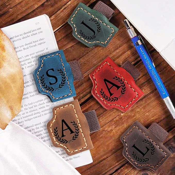 Bygone Mark Bookmark with Pen Holder, 26 Letters Name Initial Personalized Magnetic Bookmarks, Leather Book Mark for Men Women, Travelers Accessories, Teachers Readers Book Lovers Gifts (Brown, T)
