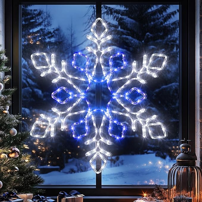 Joomer 35'' Christmas Large Snowflake Lights Decoration Waterproof Outdoor Christmas Lights Super Bright with Timer for Home Party Wall Hanging Light (White & Blue)