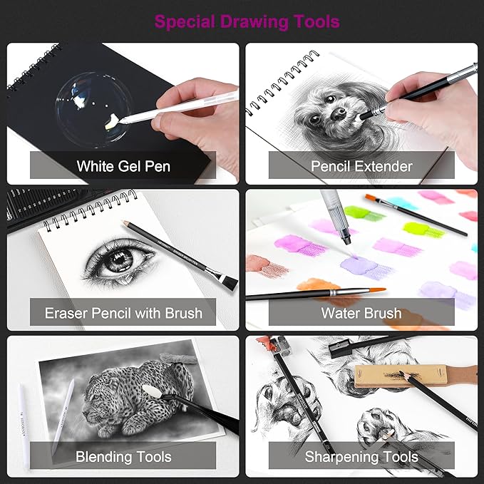 HIFORNY 176 PCS Art Supplies Drawing Set Sketching Kit with 100 Sheets 3-Color Sketchbook,Graphite Colored Charcoal Watercolor & Metallic Pencils,Blending Tools and More, for Beginner Artists