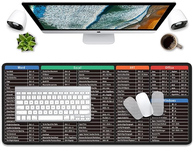 Large Extended Gaming Mouse Pad with Word Excel Office Software Excel Shortcuts PPT Windows,Stitched Edges Non-Slip Waterproof Rubber Base Mouse Pad for Office Desk Pad(27.5X11.8 in)