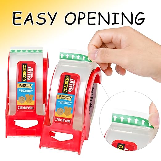 2-Pack No Noise Clear Packing Tape with Dispenser,2.7mil x 1.88" x 55Yds Heavy Duty Noiseless Packing Tape,Clear Packaging Tape for Shipping, Industrial Grade Moving Tape for Boxes COSIMIXO