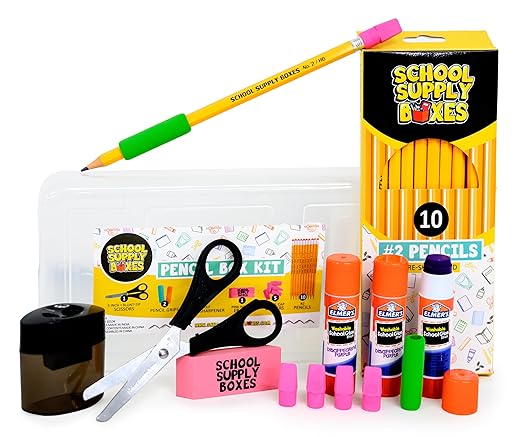 Back to School Supply Box (Case - 4 Boxes) - Grades K-5 Back to School Supplies - 32 Piece Kit Includes Markers, Crayons, Pencils, Scissors, Folders, Glue Sticks, Notebook, and Composition Book