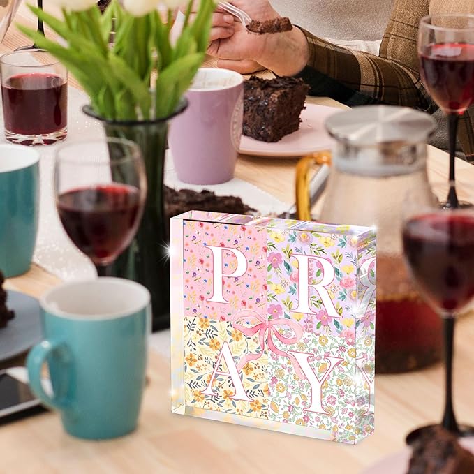 Appreciation Gifts, Pink Bow Christian Gifts for Women, Pink Office Home Decor for Women, Flowers Desk Decorations for Office- Pray- Christian Desk Plaque- Pray-Bible Verse Decoration