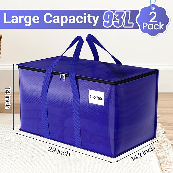 Moving Storage Bags, Moving Supplies Packing Boxes for Moving, Camping, College Dorm Room Essentials for Girls, Blue Tote Bags, Heavy-Duty Storage Bins With Lids And Zippers, 93L 2 Pack