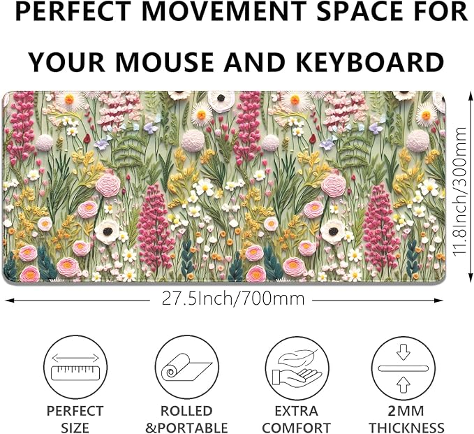 Embroidered Flower Wildflower Embroidery 3D Pattern Mouse Pad Desk Pad,Stitched Edges Non-Slip Waterproof Rubber Base Mous Mat for Office,Computer,Keyboard,Laptop and Home Desk Pad(27.5X11.8 in)