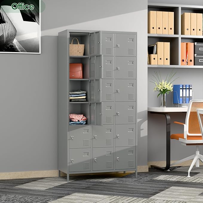 Metal Lockers for Employees with Lock,Metal Storage Locker with 18 Doors for School Garage Office Gym Bedroom,Assembly Required,18 Door Light Grey
