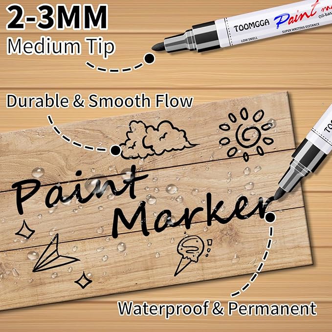 Black Paint Pens Permanent Paint Markers - 12 Pack Oil Based Marking Pens, Medium Point, Quick Drying and Waterproof for Rock Painting Car Tyre Metal, Plastic, Canvas, Wood