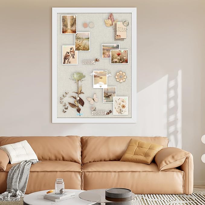 Cork Board Bulletin Board 18" x 24", Large Linen Corkboards with Frame for Walls, Cute Picture Display Pin Board Vision Board for Room School Office Bedroom 20 Pushpins Vintage White