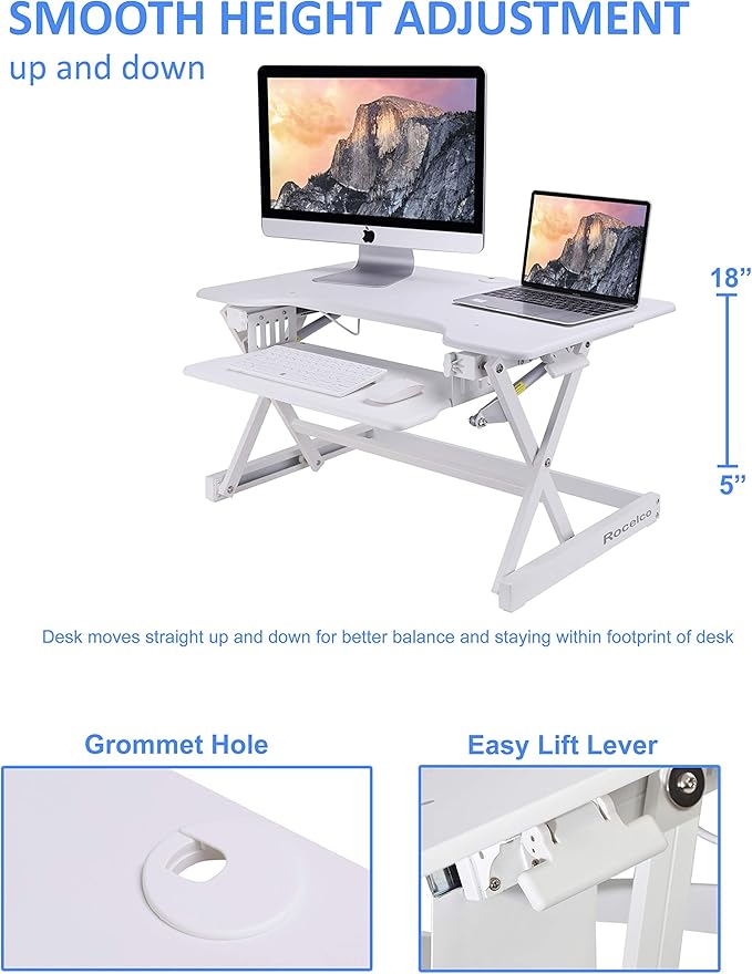 Rocelco 32" Height Adjustable Standing Desk Converter BUNDLE - Sit Stand Computer Workstation Riser with Anti Fatigue Mat - Dual Monitor Retractable Keyboard Tray Gas Spring - Black (R EADRW-MAFM)