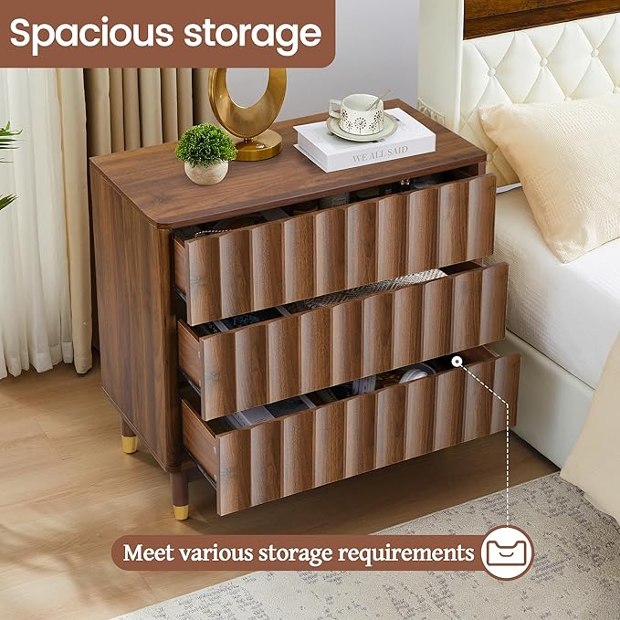 Fluted 3 Drawer Dresser, 31.5" Wide Modern Storage Chest of Drawers, Wood Drawer Organizer for Bedroom, Living Room, Hallway