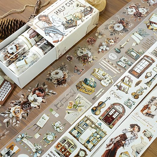 Snycler Pre-Cut Brown Memory Themed PET Washi Tapes - Vintage Aesthetic Tape Stickers for Journaling, Scrapbooking, Junk Journals, Crafts, Planners - 4 Rolls