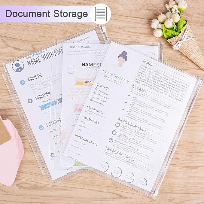 Antner 12 Pack Letter Size Binder Pockets 3 Holes Zipper Binder Folders for 3-Ring Binder, Clear PVC Loose Leaf Bag Binder Pouch Insert Pages Sheet Protectors Waterproof Document Filling Storage Bags