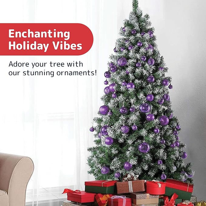 Prextex 36-Pieces Purple Christmas Ornaments Set - Shatterproof, Festive Christmas Ball Ornaments in 3 Sizes and 6 Styles with Hanging Loops for Tree, Wreath, and Dazzling Holiday Party Decorations