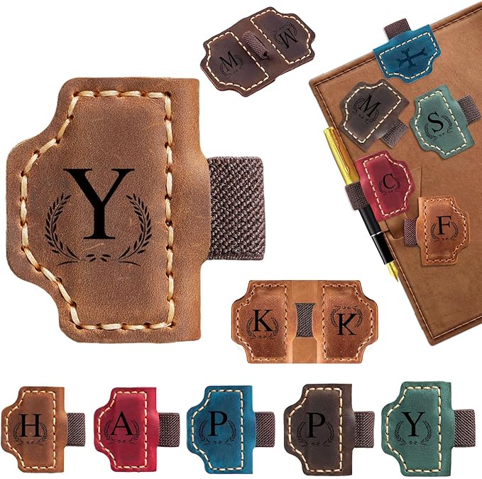 Custom Bygone Mark Bookmark with Pen Holder, 26 Letters Name Initial Personalized Magnetic Leather Bookmark, Gifts for Book Lovers, Readers, Travelers, Leather Book Marks (Light Brown, Y)