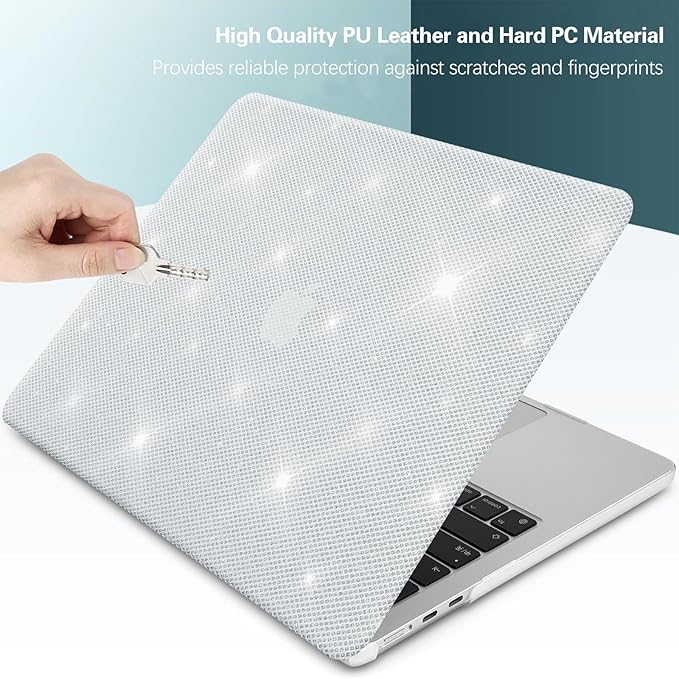 KEROM Glitter Case for MacBook Pro 14 inch 2025-2021 M5 M4 M3 M2 M1 Chip A3434 A3112 A3185 A3401 A2918 A2992 A2779 A2442, Luxury Bedazzled Bling Sparkle PU Leather Hardshell & Keyboard Cover, White