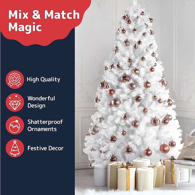 Prextex 36-Pieces Christmas Ornaments Set - Shatterproof, Festive Christmas Balls Decorations in 3 Sizes and 6 Styles with Hanging Loops for Tree, Wreath, and Dazzling Holiday Party Decor - Rose Gold