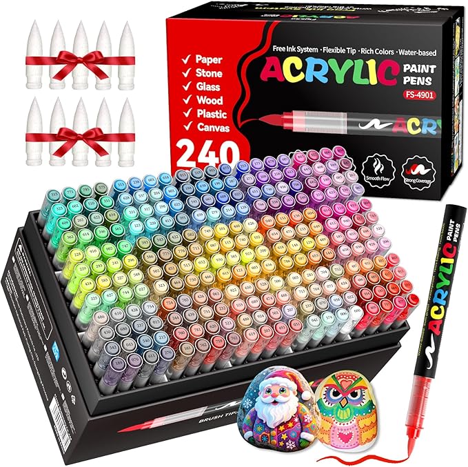 240 Colors Acrylic Paint Markers, Soft Brush Tip Acrylic Markers Set, Paint Pens for Wood, Fabric, Canvas, Glass, Stone, Canvas, Rock Painting and DIY Crafts Art Supplies