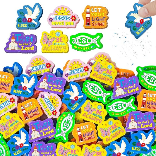 Cinrobiye 100 PCS Bible Verses Pencil Erasers Bulk Inspirational Scripture Eraser Christian Religious Favor Goody Bag Filler Gifts for Students Classroom Office Teacher Prizes Reward School Supplies