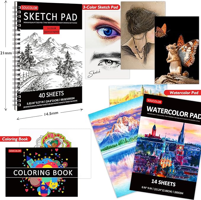 Soucolor 76 Pack Drawing Set Sketching Pencils Kit with 3-Color Sketch Book, Watercolor Pad, Coloring Book, Colored, Graphite, Charcoal, Watercolor, Metallic Pencils for Artists Adults Teens Beginner