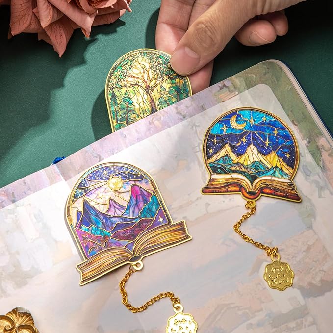 4pcs Metal Bookmarks with Chain, Inspirational Book Marks Set Featuring Books, Mountains, Stars, Forest & River - Perfect Book Markers Gift for Book Lovers, Readers, Kids, Teens, Men, Women, Adults